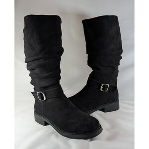 Madden Girl Black Faux Suede Slouchy Tall Boots Buckle Detail Size 5